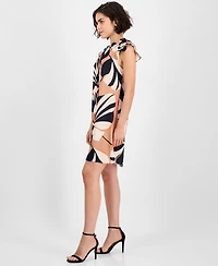 Robbie Bee Women's Printed Ruffle-Neck Cap-Sleeve Dress