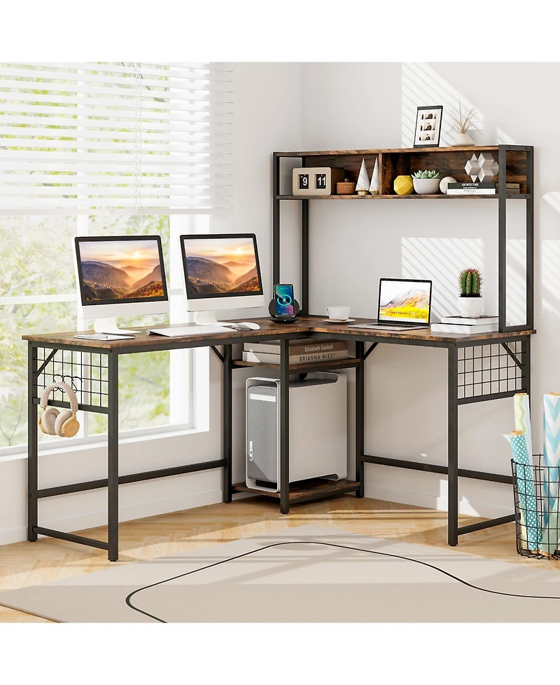 L-shaped Desk with Power Outlet Hutch