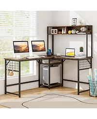 L-shaped Desk with Power Outlet Hutch