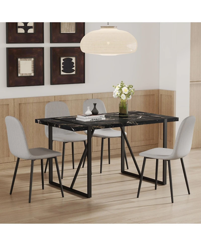 Streamdale Modern Marble Mdf Dining Set 55"x31.4" with 4 Light Gray Linen Chairs