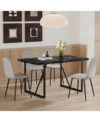 Streamdale Modern Marble Mdf Dining Set 55"x31.4" with 4 Light Gray Linen Chairs