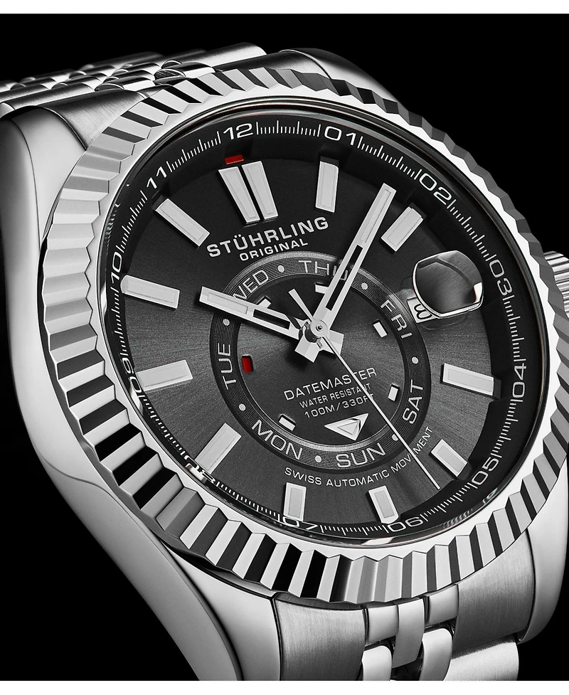 Stuhrling Datemaster Ii Men s Swiss Automatic 42mm Stainless Steel Watch, Black Dial, Fluted Bezel, Day & Date, 100M Water Resistant