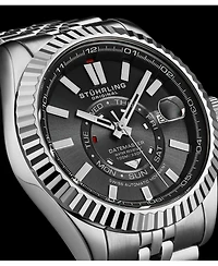 Stuhrling Datemaster Ii Men s Swiss Automatic 42mm Stainless Steel Watch, Black Dial, Fluted Bezel, Day & Date, 100M Water Resistant