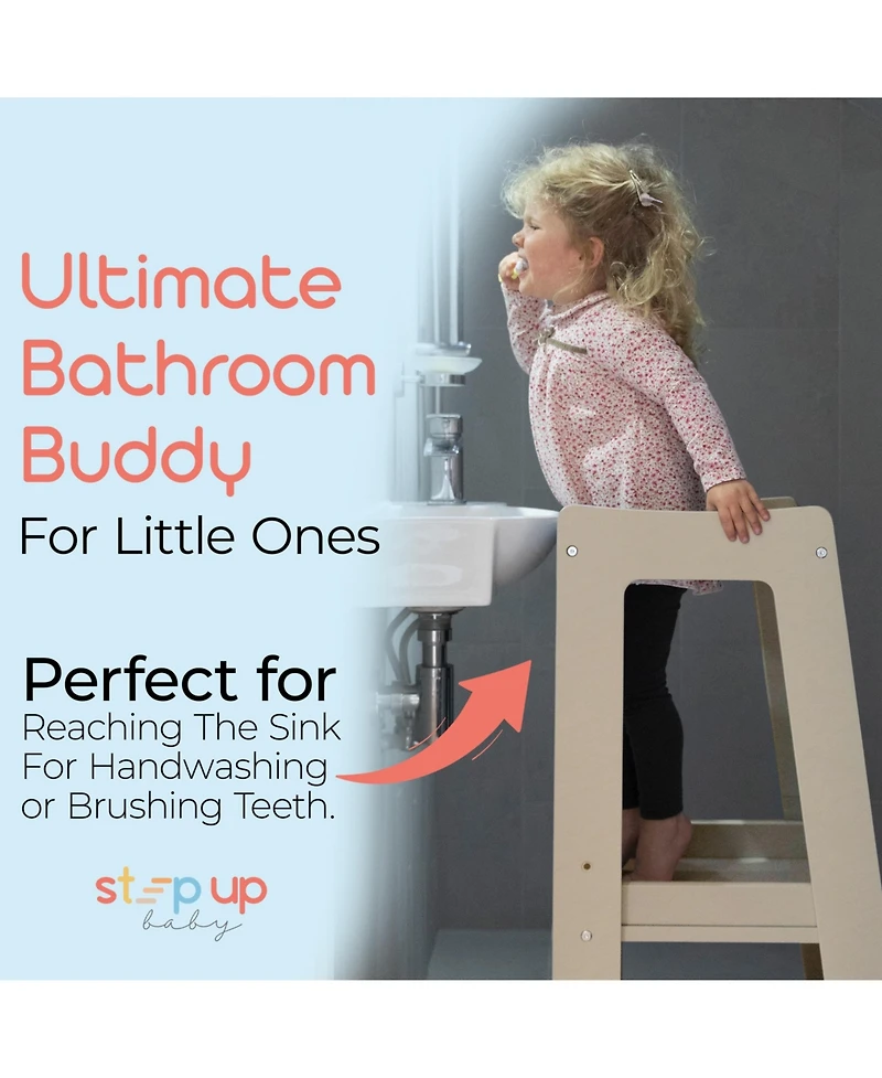 Stepup Baby Toddler Tower with Adjustable Step, White Montessori-Inspired Step Stool, Standing for Kids, Fits Under Kitchen Counters, Ad