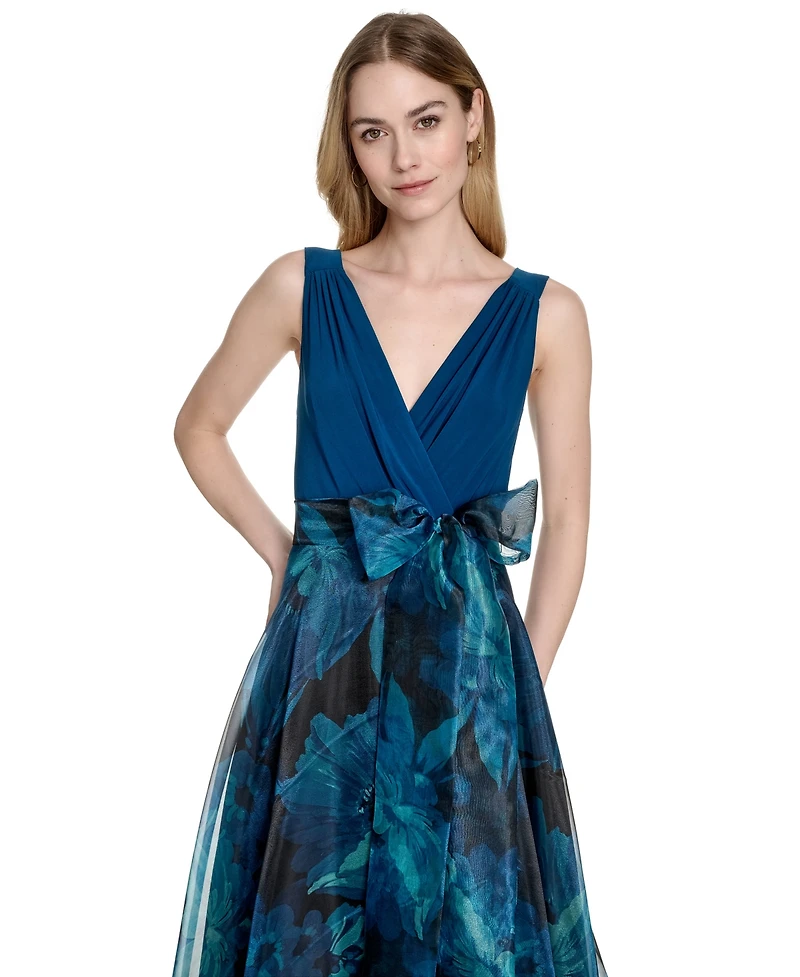 Eliza J Petites Surplice Printed-Skirt Sleeveless Gown