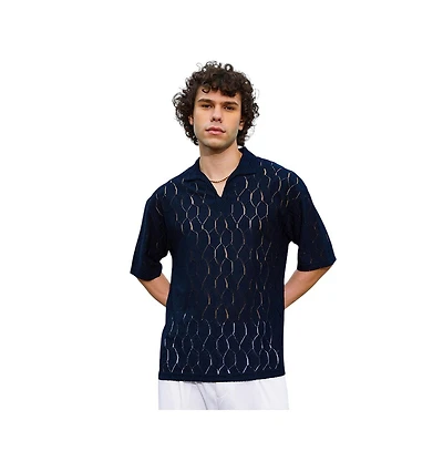 Campus Sutra Men's Prussian Blue Honeycomb-Knit Polo T-Shirt