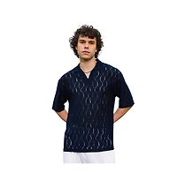 Campus Sutra Men's Prussian Blue Honeycomb-Knit Polo T-Shirt