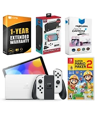 Nintendo Switch White Oled Console with Mario Maker 2, Surge Accessory Gaming Kit, MightySkins Console and Controller Skin Voucher