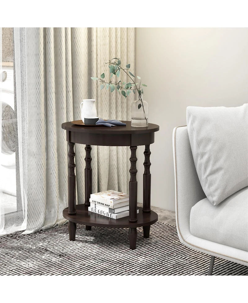 2-Tier Oval Side Table with Storage Shelf and Solid Wood Legs