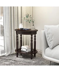 2-Tier Oval Side Table with Storage Shelf and Solid Wood Legs