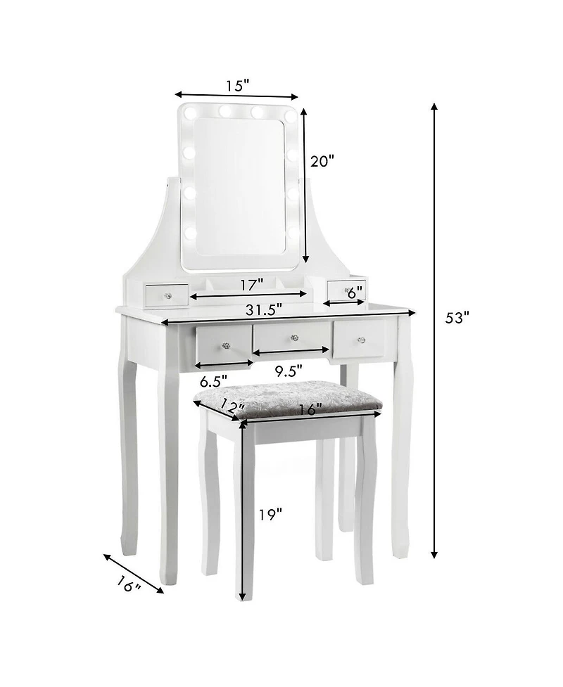 Vanity Dressing Table Set with 10 Dimmable Bulbs and Cushioned Stool