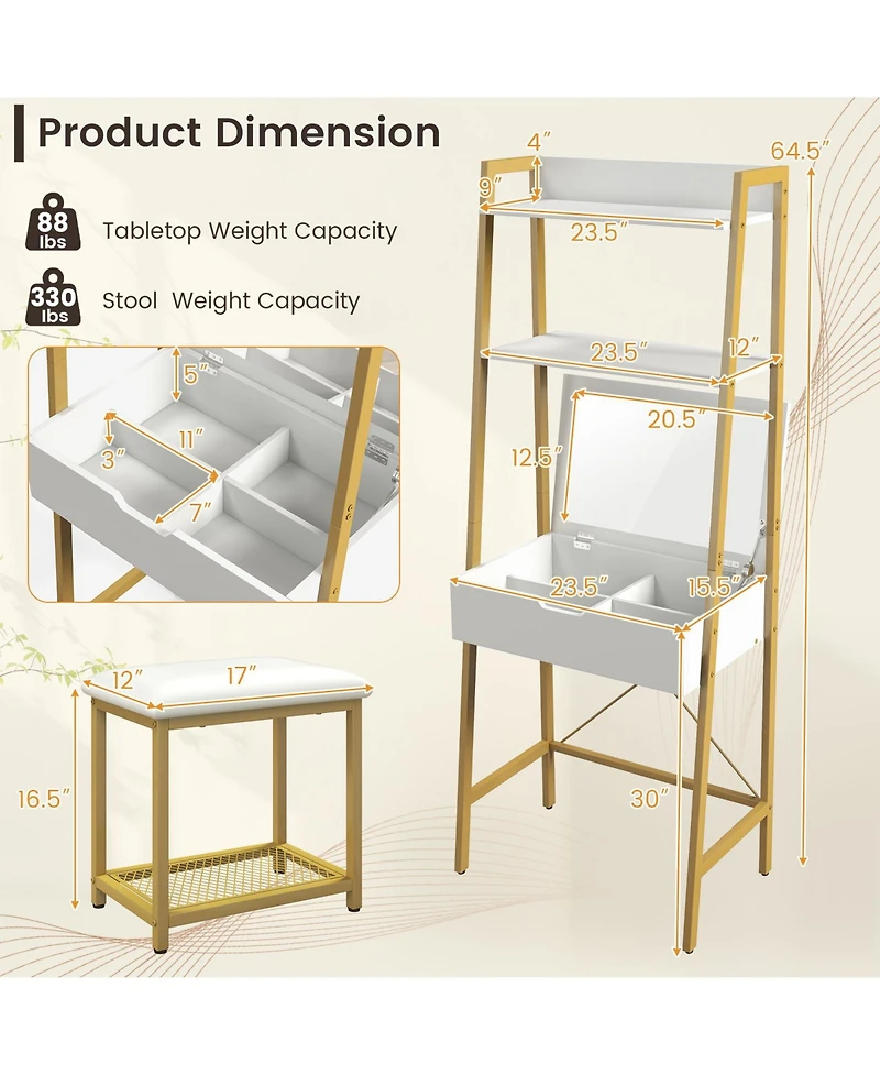 Ladder Vanity Desk Set with Flip Top Mirror and Cushioned Stool