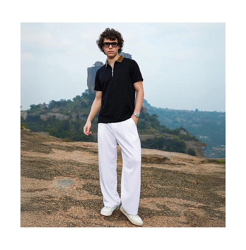 Campus Sutra Men's Cream White Straight-Fit Ribbed Trousers