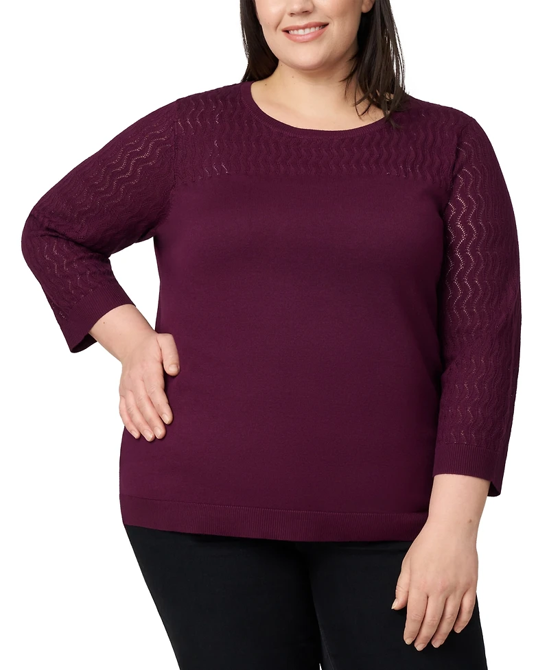 Melissa Paige Plus Pointelle-Yoke 3/4-Sleeve Sweater