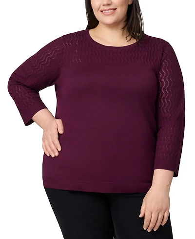 Melissa Paige Plus Pointelle-Yoke 3/4-Sleeve Sweater