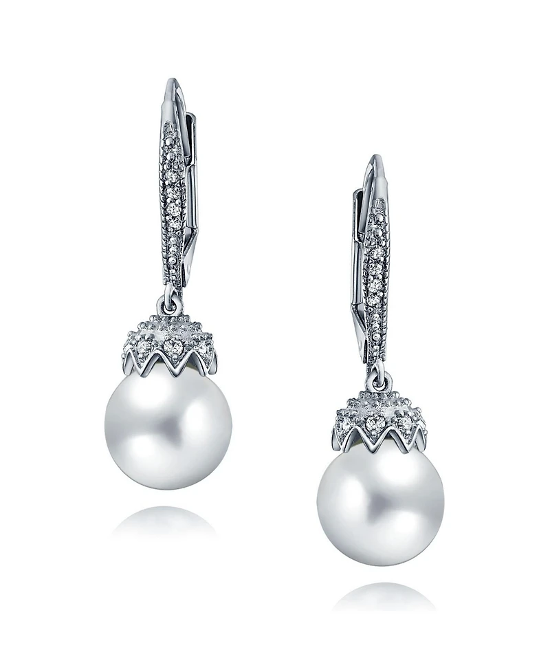 Bling Jewelry Elegant Simulated Pearl Dangle Chandelier Earrings - Cz Crown Ball Silver Plated