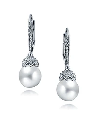 Bling Jewelry Elegant Simulated Pearl Dangle Chandelier Earrings - Cz Crown Ball Silver Plated