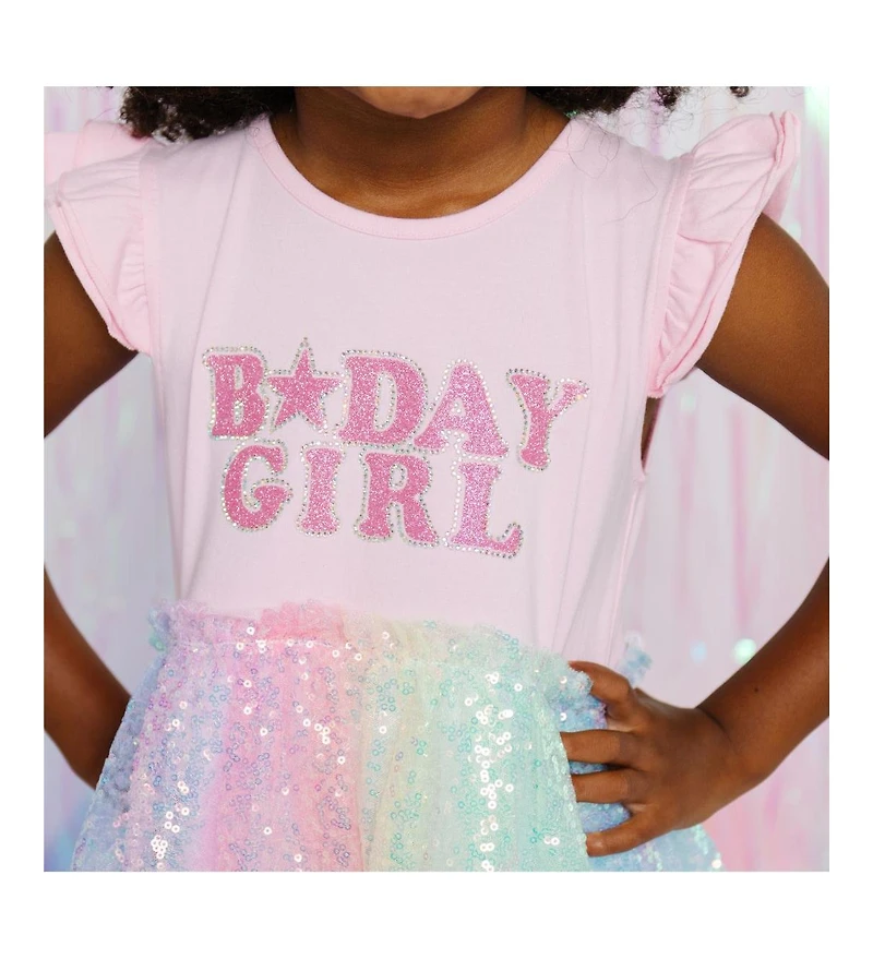 Sweet Wink Toddler Girls Birthday Patch Rainbow Ombre Sequin Short Sleeve Tutu Dress