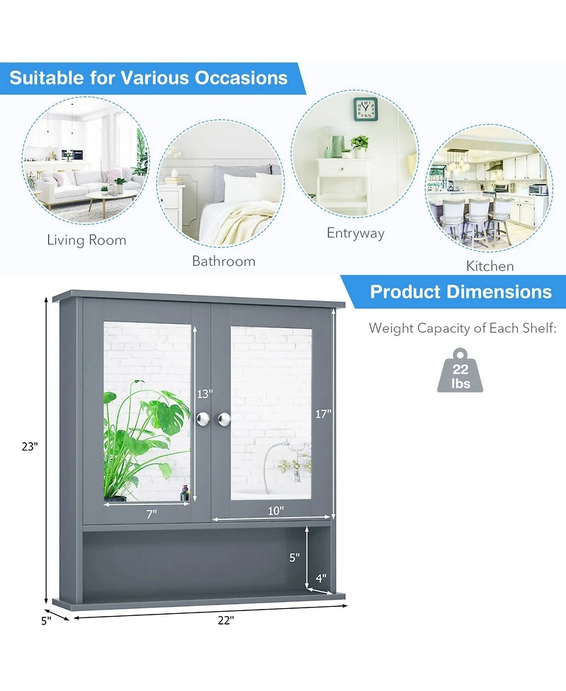 Double Door Wall-Mounted Bathroom Mirror Cabinet with Storage Shelf
