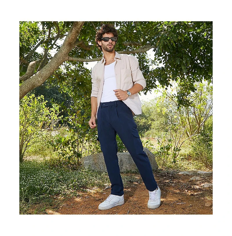 Campus Sutra Men's Indigo Blue Utility Pleated Trousers