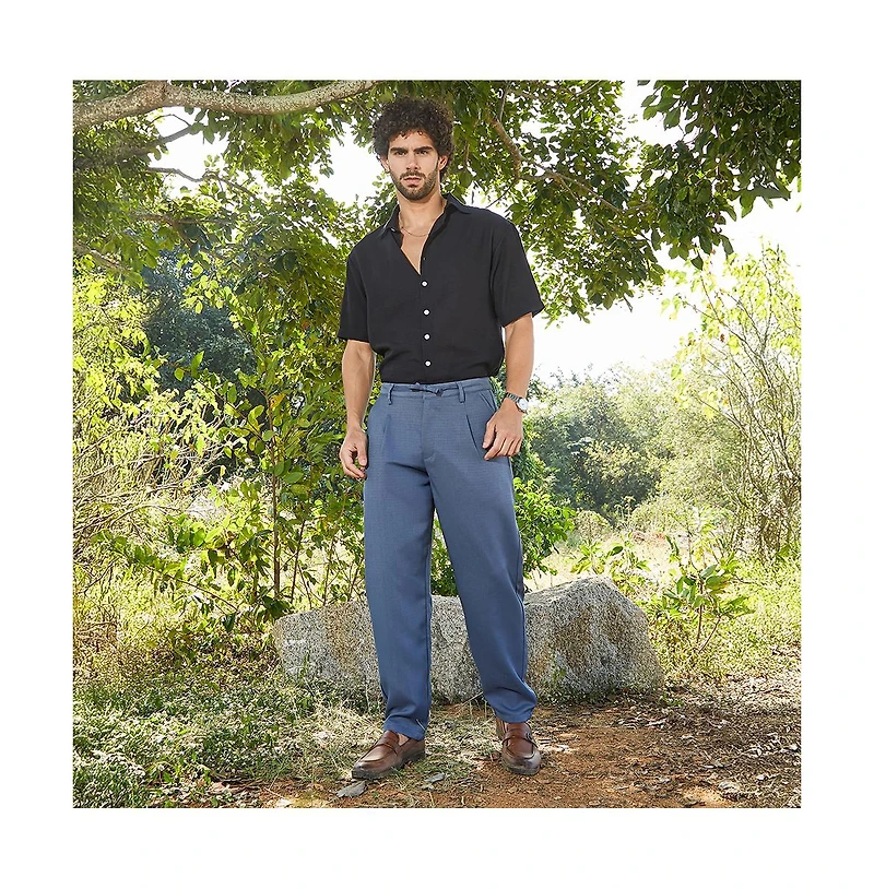 Campus Sutra Men's Steel Blue Tailored Linen-Blend Trousers
