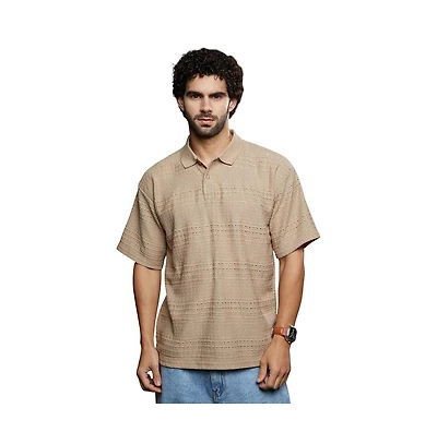 Campus Sutra Men's Buff Beige Bohomian Oversized Polo T-Shirt