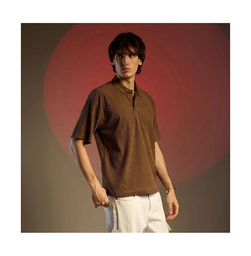 Campus Sutra Men's Chocolate Brown Ribbed Oversized Polo T-Shirt