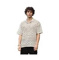 Campus Sutra Men's Off-White Bohemian Oversized Polo T-Shirt
