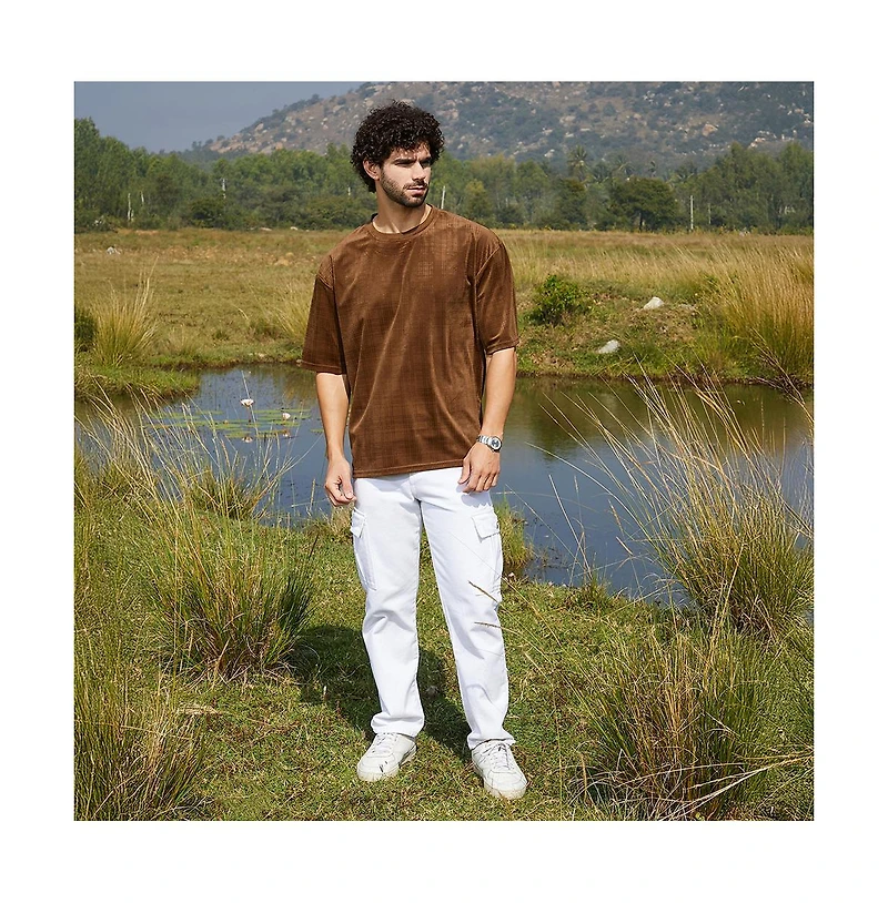 Campus Sutra Men's Chocolate Brown Tartan-Plaid Oversized T-Shirt