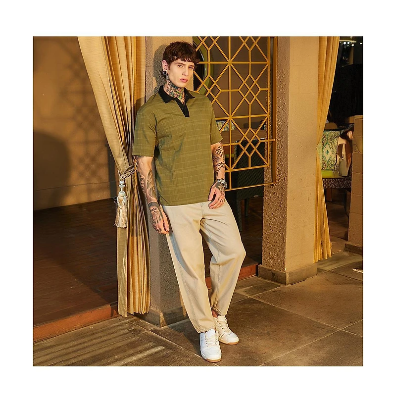 Campus Sutra Men's Olive Green & Onyx Black Contrast Grid Polo T-Shirt