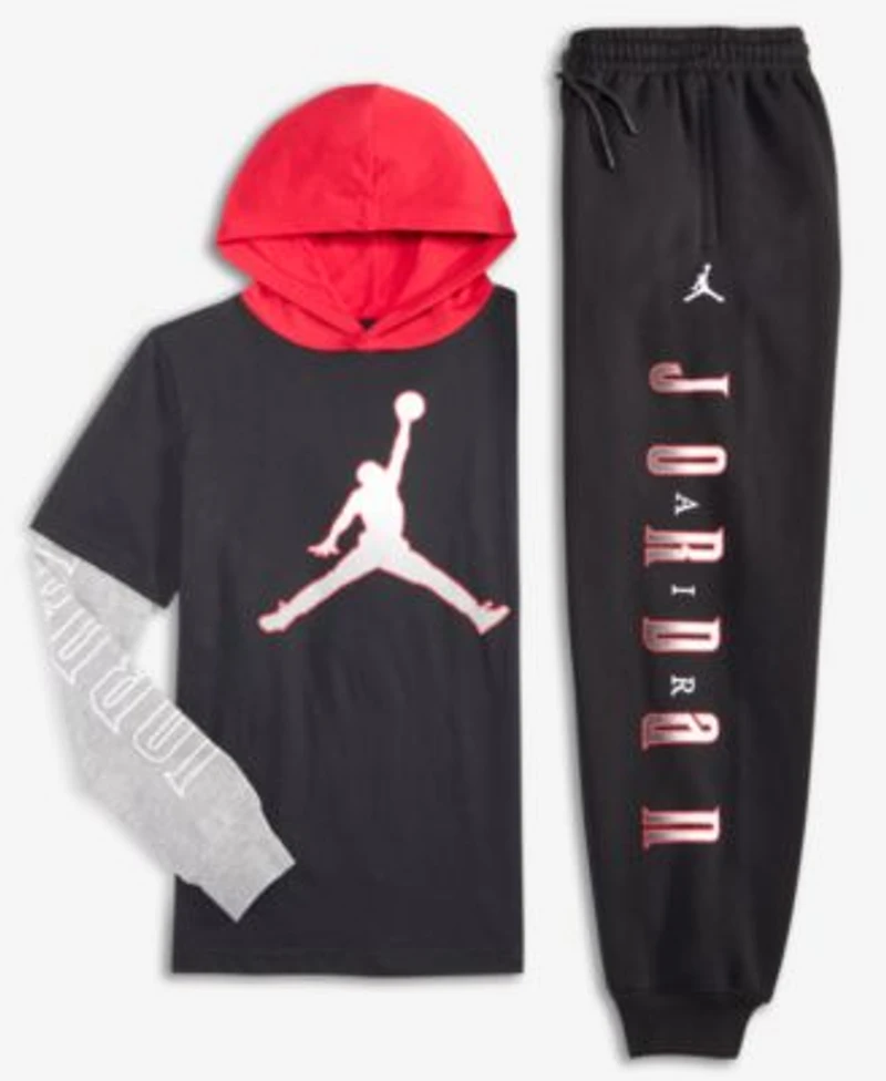 Jordan Big Boys Gametime Layered Look Hoodie Chenille Patch Pants