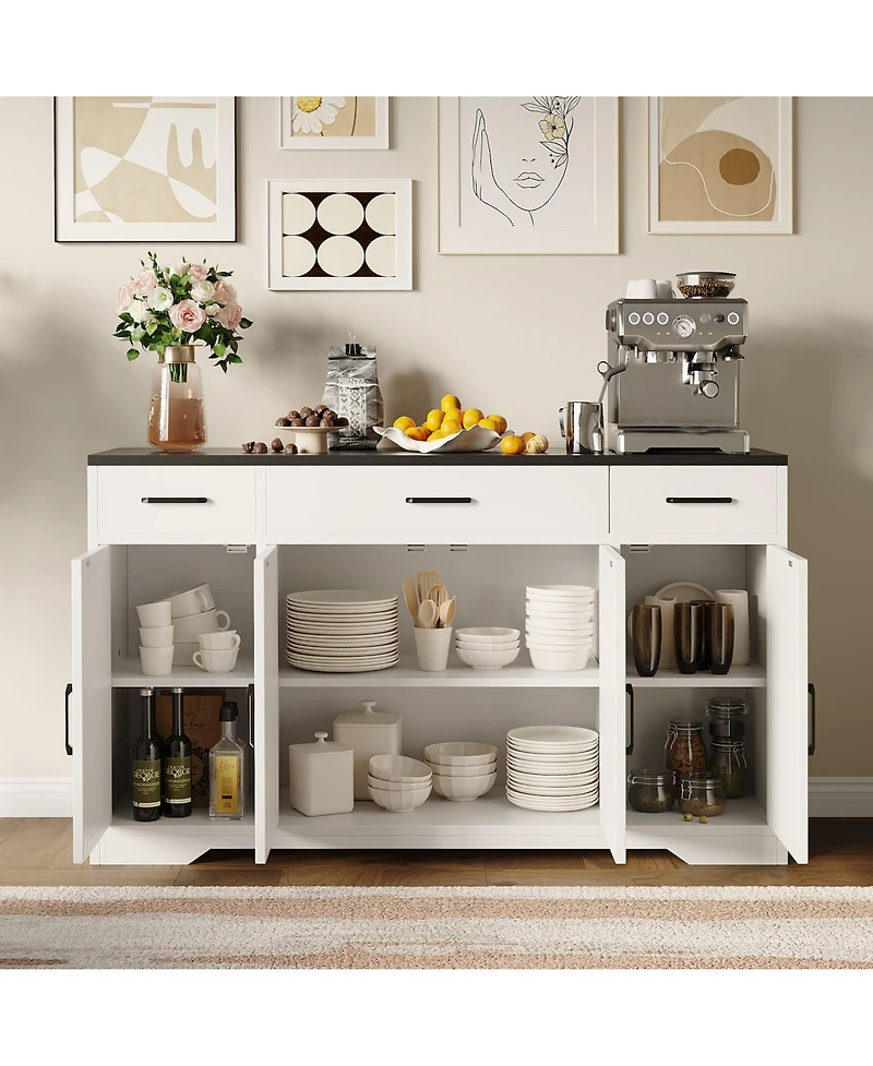 55"Modern Farmhouse Sideboard Cabinet with 4 Doors & Drawers, Rustic White Wood Coffee Bar Buffet with Adjustable Shelves, Kitchen Storage Cabine
