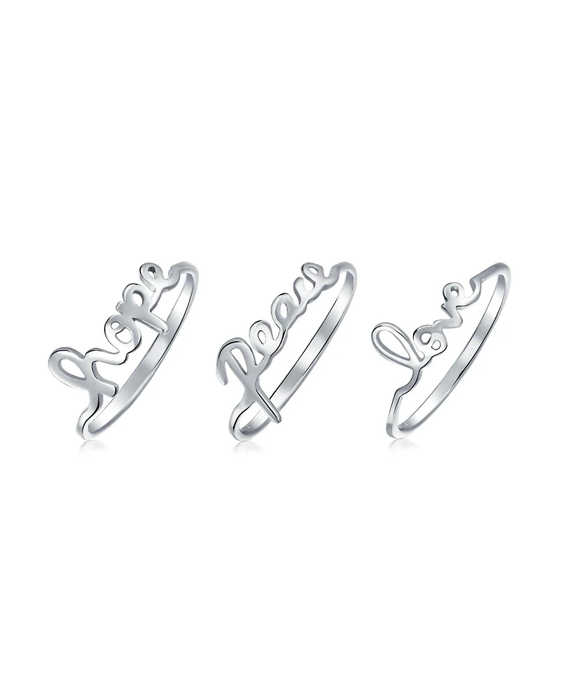 Bling Jewelry Set of 3 Inspirational Words Peace Love Hope Ring Set Sterling Silver