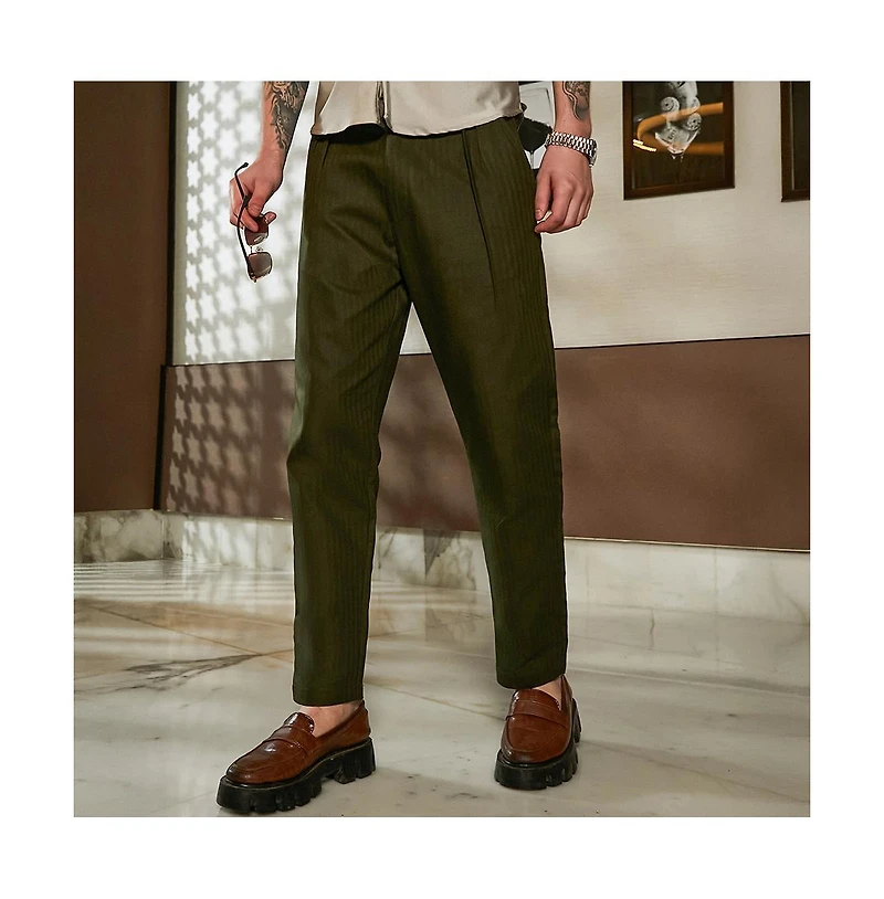 Campus Sutra Men's Juniper Green Striped Tailored Trousers