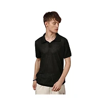 Campus Sutra Men's Raven Black Textured-Knit Polo T-Shirt