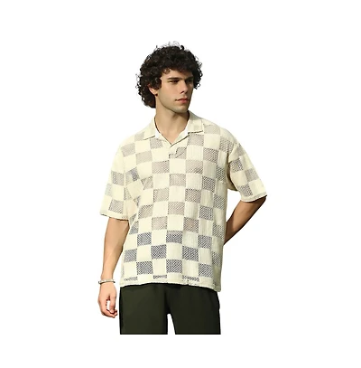 Campus Sutra Men's Saltbox Beige Grid Oversized Polo T-Shirt