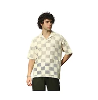 Campus Sutra Men's Saltbox Beige Grid Oversized Polo T-Shirt