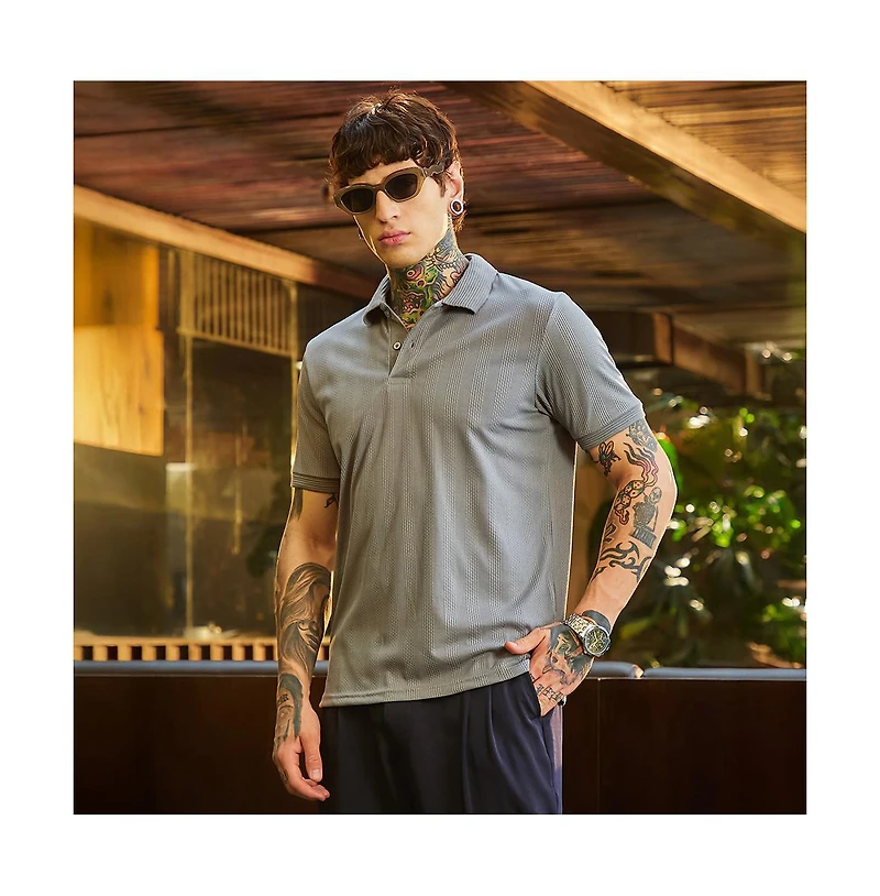 Campus Sutra Men's Coin Grey Ribbed -Tactile Polo T-Shirt