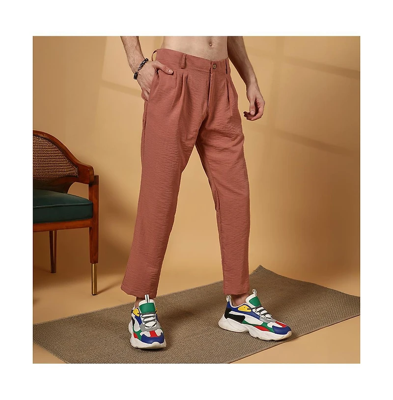 Campus Sutra Men's Terracotta Brown Crinkled Tailored Trousers