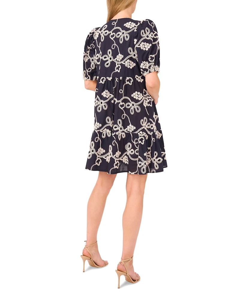 CeCe Women's Tie-Neck Embroidered Tiered Short-Sleeve Dress