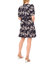 CeCe Women's Tie-Neck Embroidered Tiered Short-Sleeve Dress