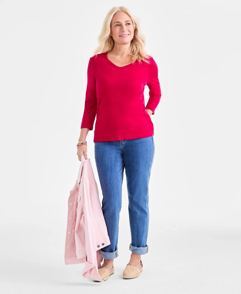 Style & Co Women's Cotton 3/4-Sleeve V-Neck Tee, Created for Macy's