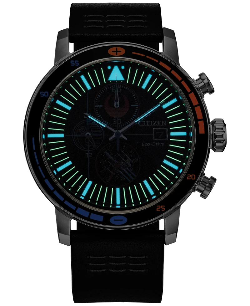 Citizen Eco-Drive Men's Chronograph Star Wars Rebel Starfighter Black Leather Strap Watch 44mm Box Set
