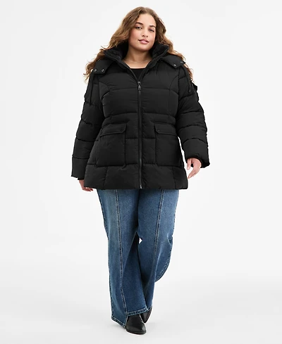 Steve Madden Plus Hooded Utility-Pocket Puffer Coat