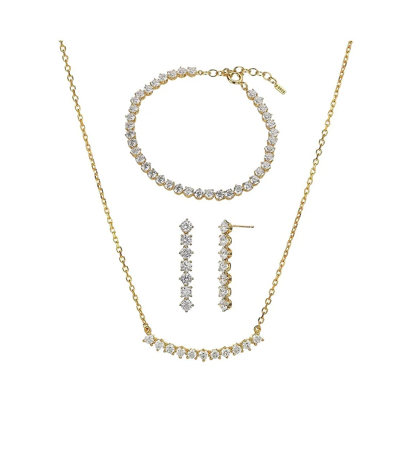 Sterling Silver 18k Gold Plated Josephine Tennis Bracelet, Necklace & Earrings Set
