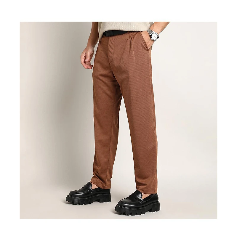 Campus Sutra Men's Russet Brown Micro-Check Chino Trousers