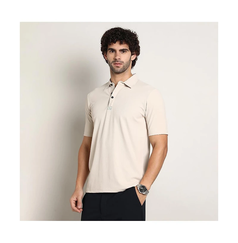 Campus Sutra Men's Saltbox Beige Seamless Ribbed Polo T-Shirt