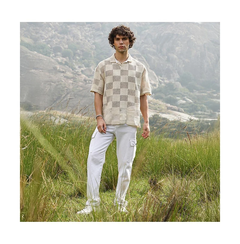 Campus Sutra Men's Off-White Grid Oversized Polo T-Shirt