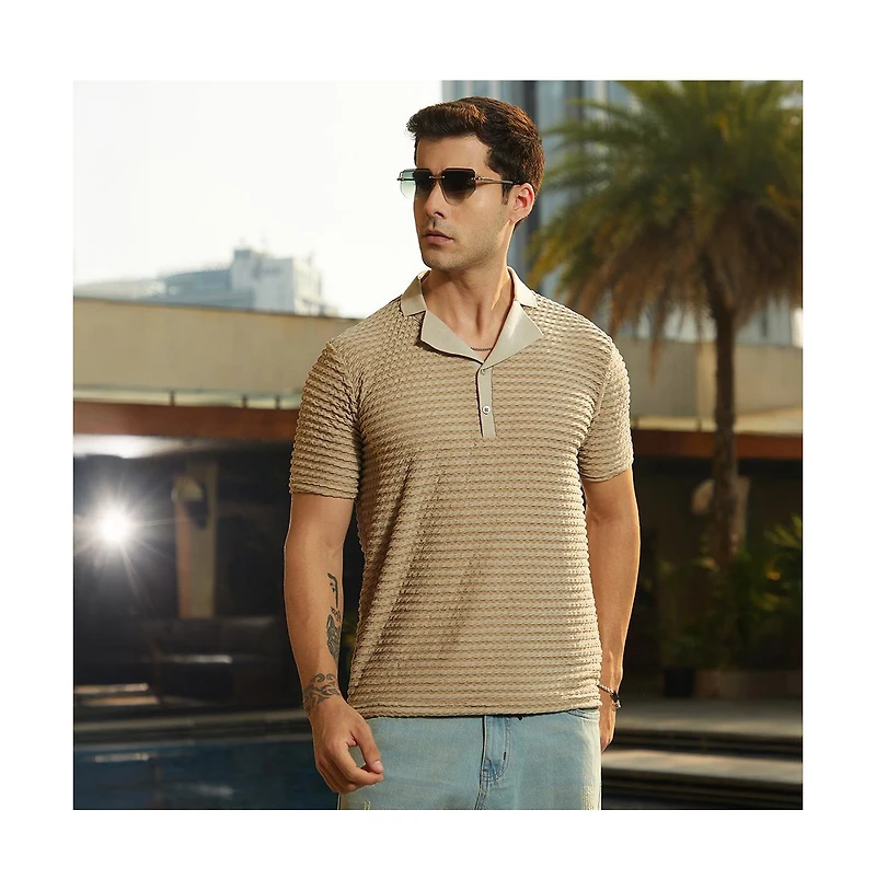 Campus Sutra Men's Ash Brown Crease-Tactile Cuban Polo T-Shirt