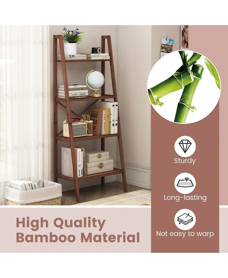 58 Inch 4-Tier Bamboo Ladder Bookshelf